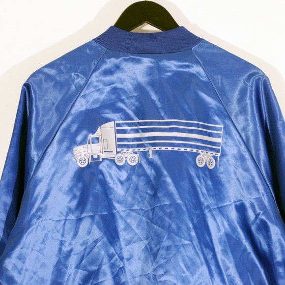 Vintage 80s Trucker Satin Bomber Style Jacket Snap Cardinal USA Reflective Blue - Picture 7 of 10